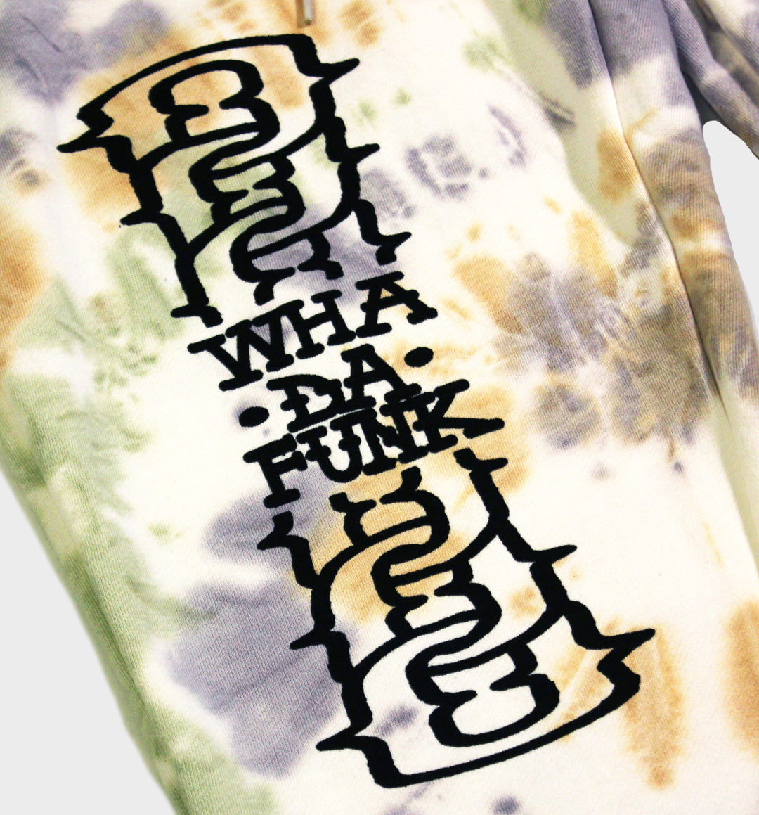 WHADAFUNK Chained Tie-Dye Jogger Sweatpants featuring bold chained graphic and unique tie-dye design.