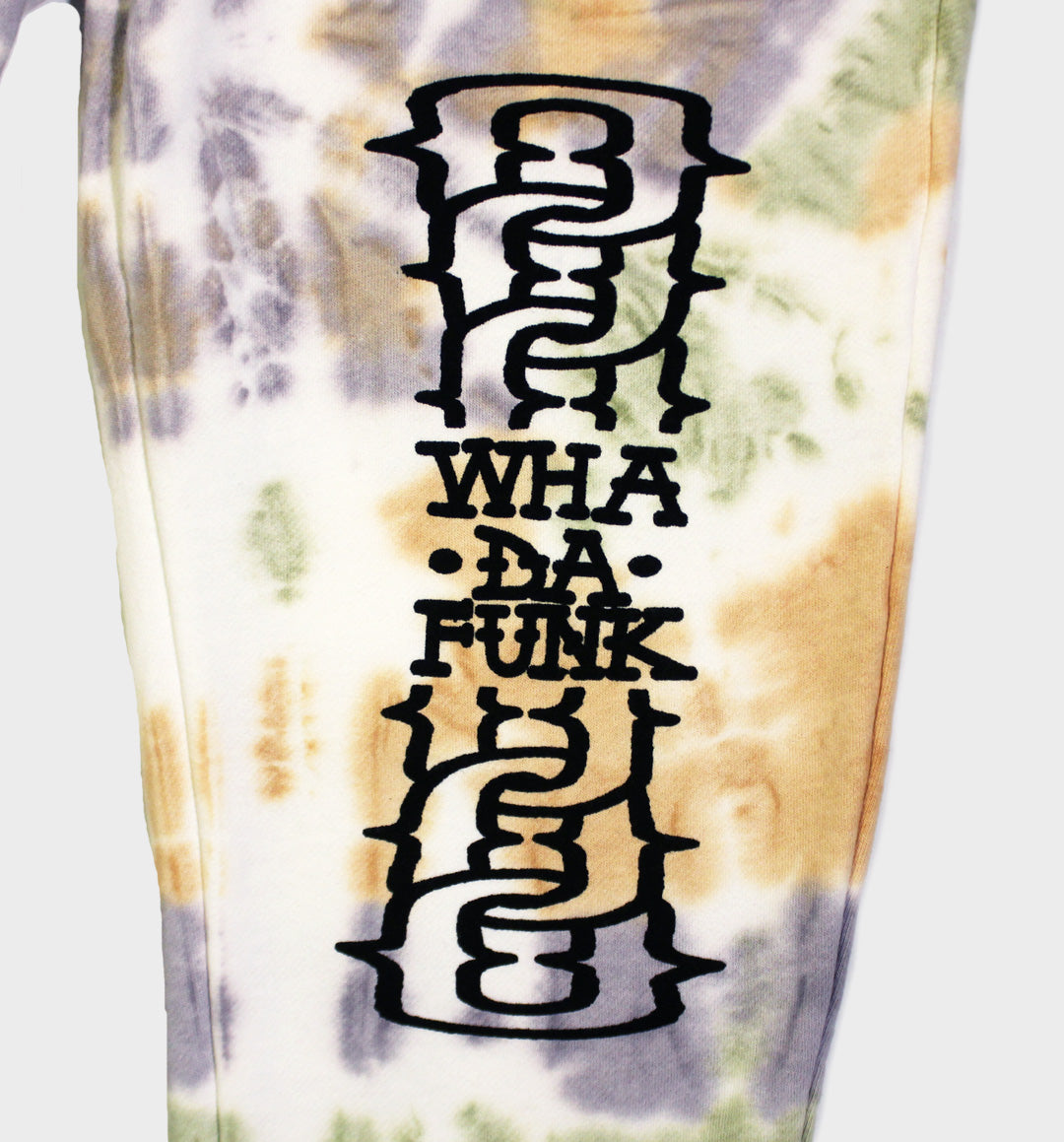WHADAFUNK Chained Tie-Dye Jogger Sweatpants featuring bold chained graphic and unique tie-dye design.