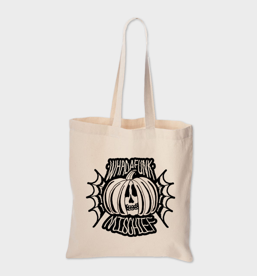 WHADAFUNK Halloween Mischief Tote Bag featuring spooky graphic design for Halloween lovers.