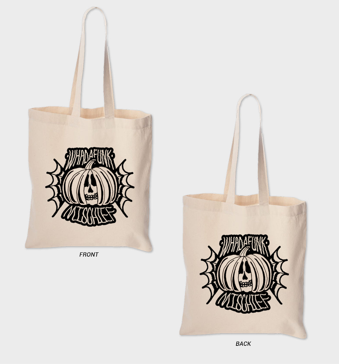 WHADAFUNK Halloween Mischief Tote Bag featuring spooky graphic design for Halloween lovers.