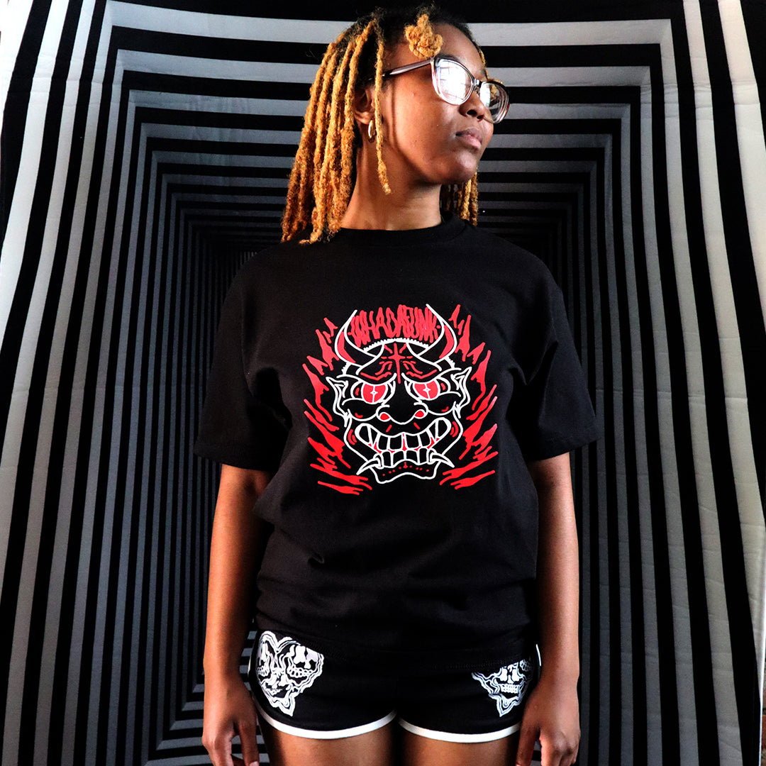 WHADAFUNK Hannya Mask Black T-Shirt – Tattoo-Inspired Streetwear Design.