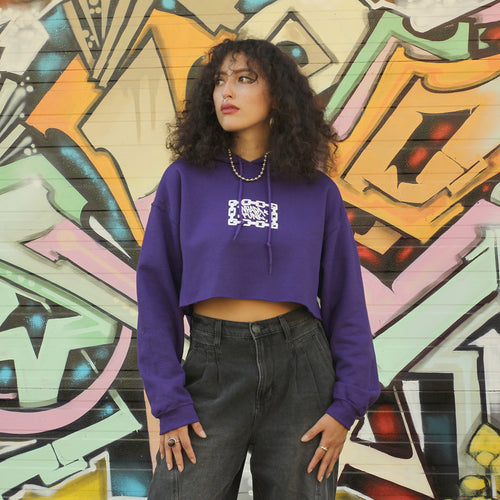 WHADAFUNK Chained Purple Crop Hoodie with bold chained graphic design in vibrant purple.