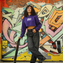 Load image into Gallery viewer, WHADAFUNK Chained Purple Crop Hoodie with bold chained graphic design in vibrant purple.
