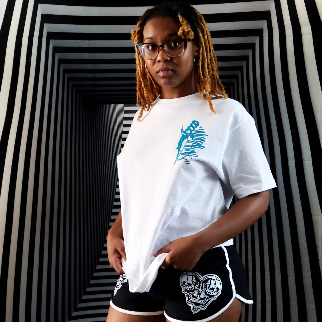 WHADAFUNK Dagger White T-Shirt featuring a bold streetwear-inspired dagger graphic design.