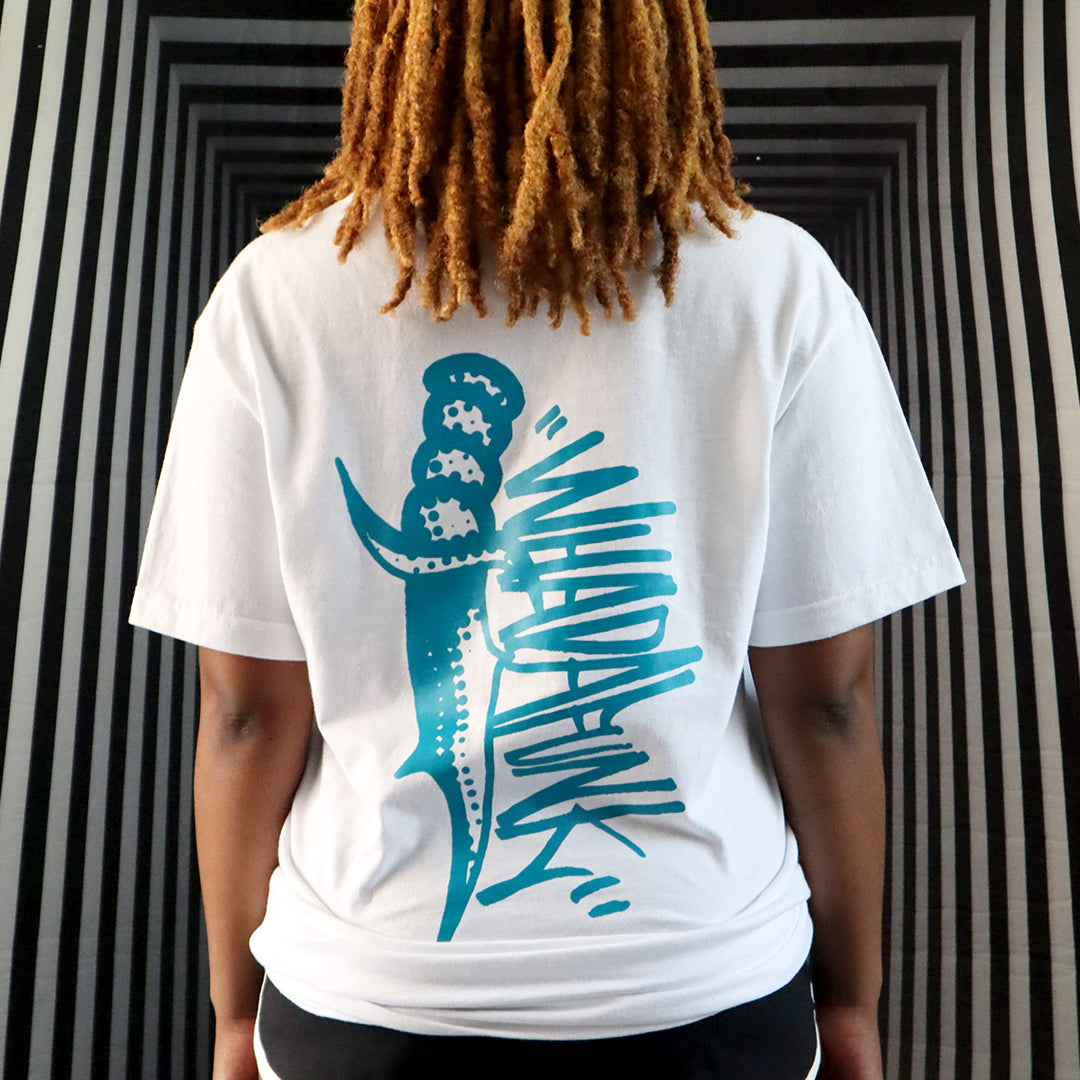 WHADAFUNK Dagger White T-Shirt featuring a bold streetwear-inspired dagger graphic design.