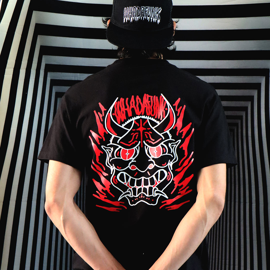 WHADAFUNK Hannya Mask Black T-Shirt – Tattoo-Inspired Streetwear Design.