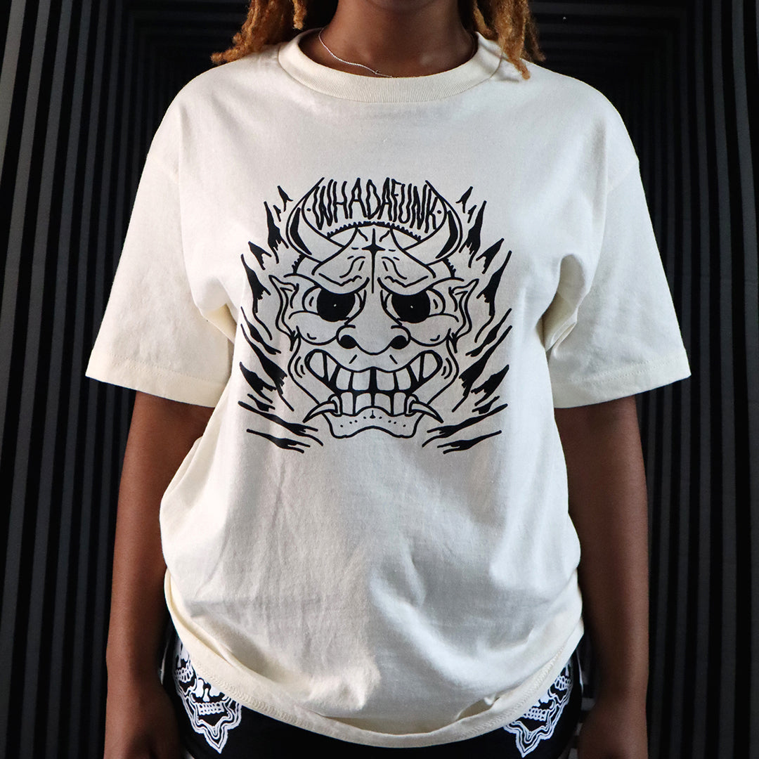 WHADAFUNK Hannya Mask Cream T-Shirt – Tattoo-Inspired Streetwear Design in Cream.