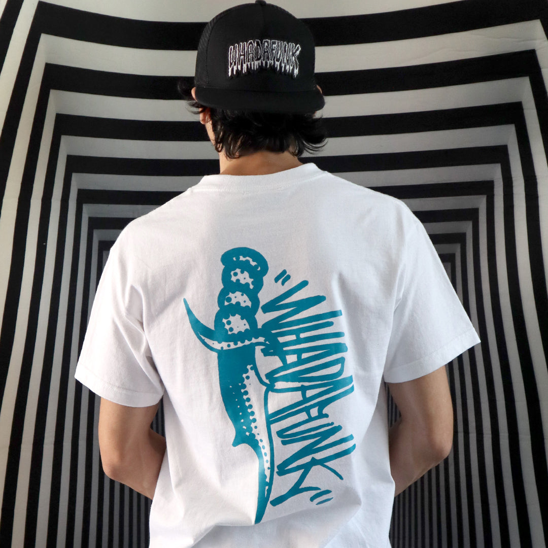 WHADAFUNK Dagger White T-Shirt featuring a bold streetwear-inspired dagger graphic design.