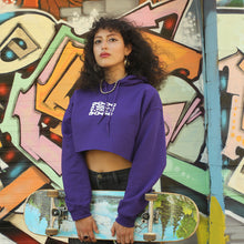 Load image into Gallery viewer, WHADAFUNK Chained Purple Crop Hoodie with bold chained graphic design in vibrant purple.
