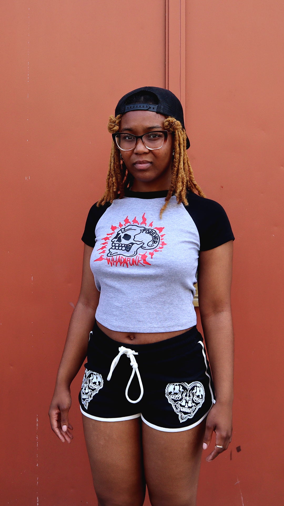 WHADAFUNK Forever Skull Two-Tone Crop Top with bold skull graphic for streetwear lovers.