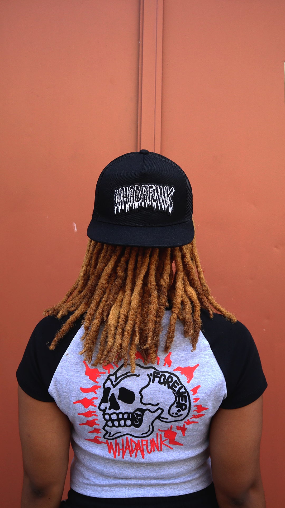 WHADAFUNK Forever Skull Two-Tone Crop Top with bold skull graphic for streetwear lovers.