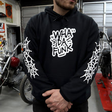 Load image into Gallery viewer, WHADAFUNK SPIDERWEB HOODIE FRONT DETAILS WEARING
