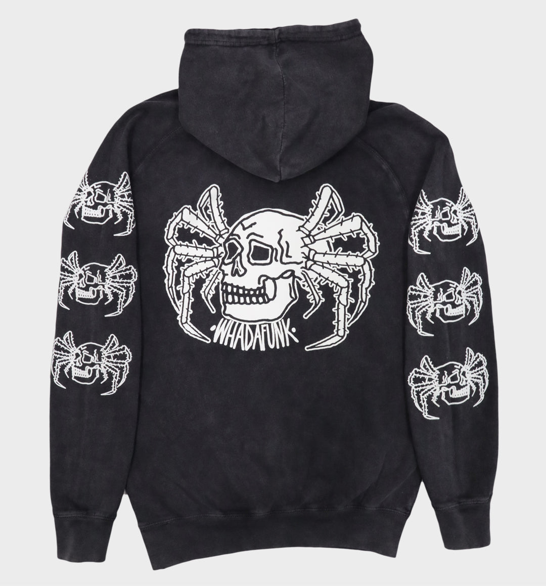 Back of hand-drawn spider and skull design on hoodie