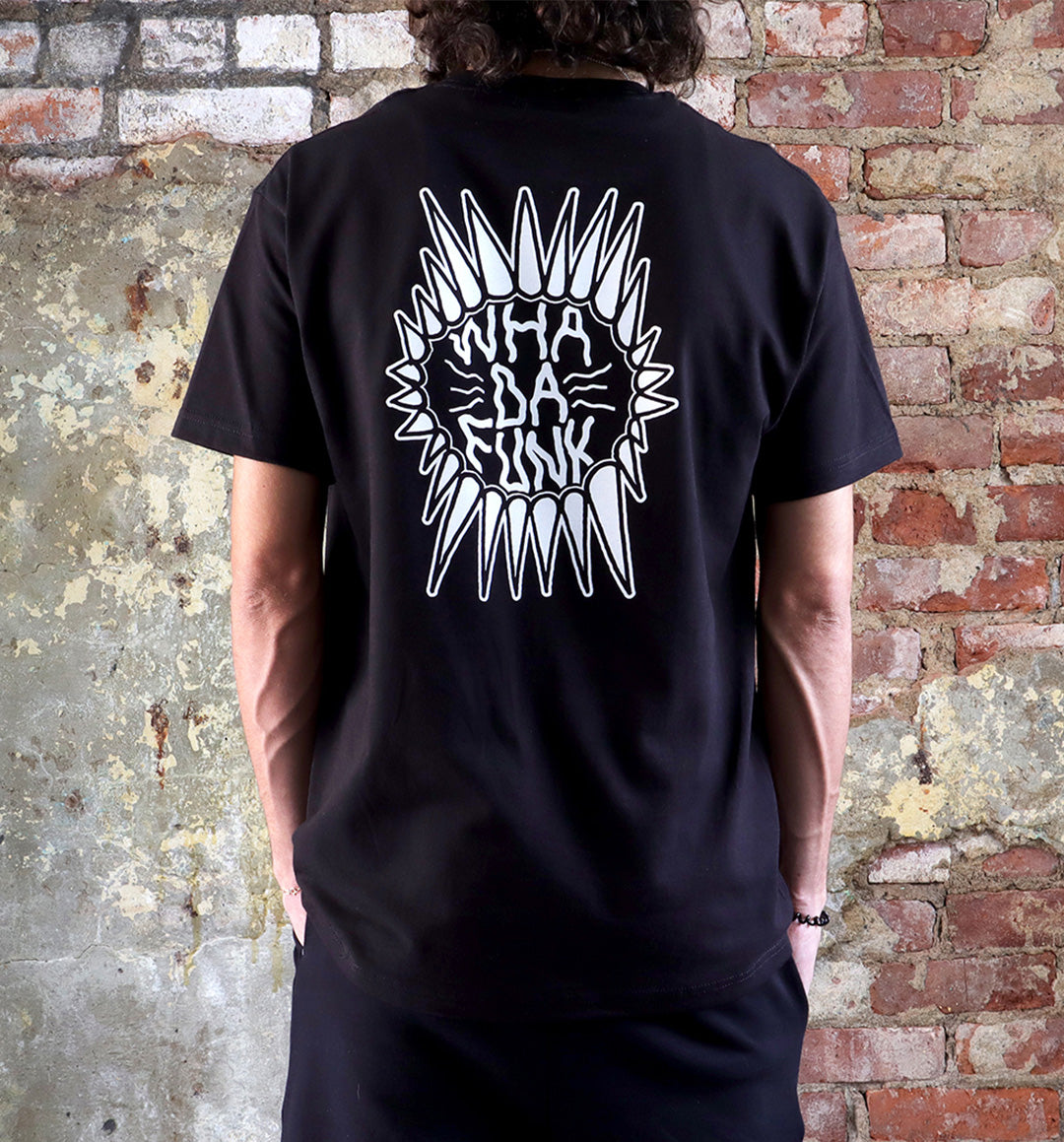 WHADAFUNK Spiked T-Shirt featuring bold spiked graphic design for edgy streetwear style.