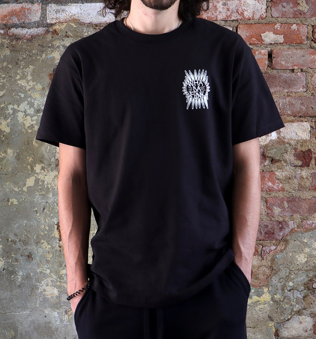WHADAFUNK Spiked T-Shirt featuring bold spiked graphic design for edgy streetwear style.