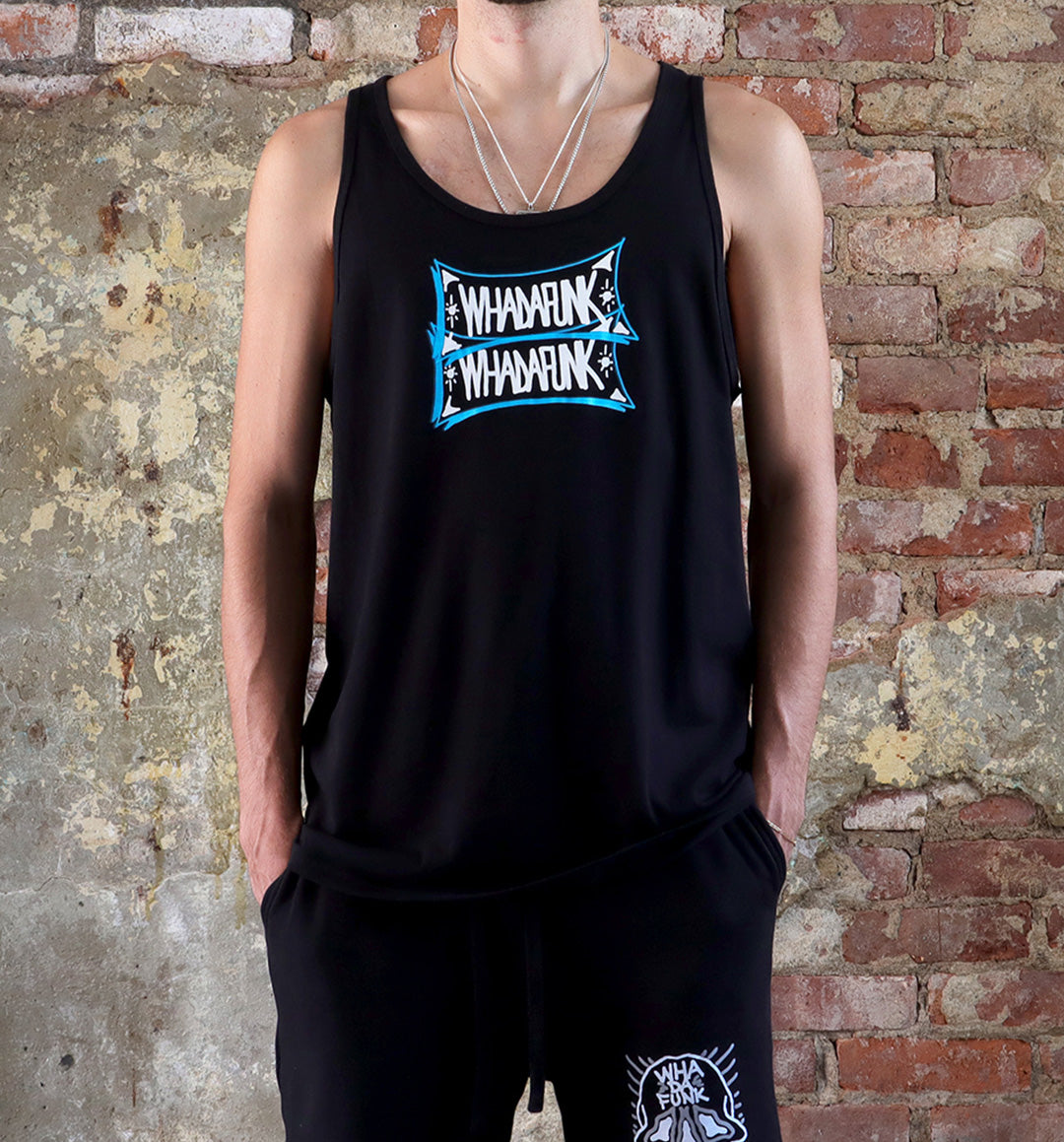 WHADAFUNK Til Death Tank Top featuring bold skull and lettering design, perfect for summer streetwear.