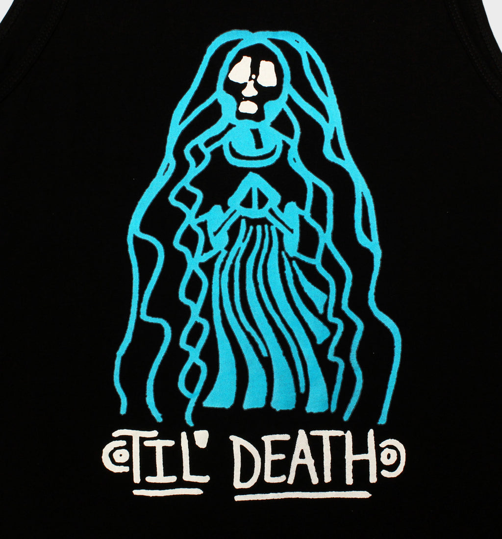 WHADAFUNK Til Death Tank Top featuring bold skull and lettering design, perfect for summer streetwear.