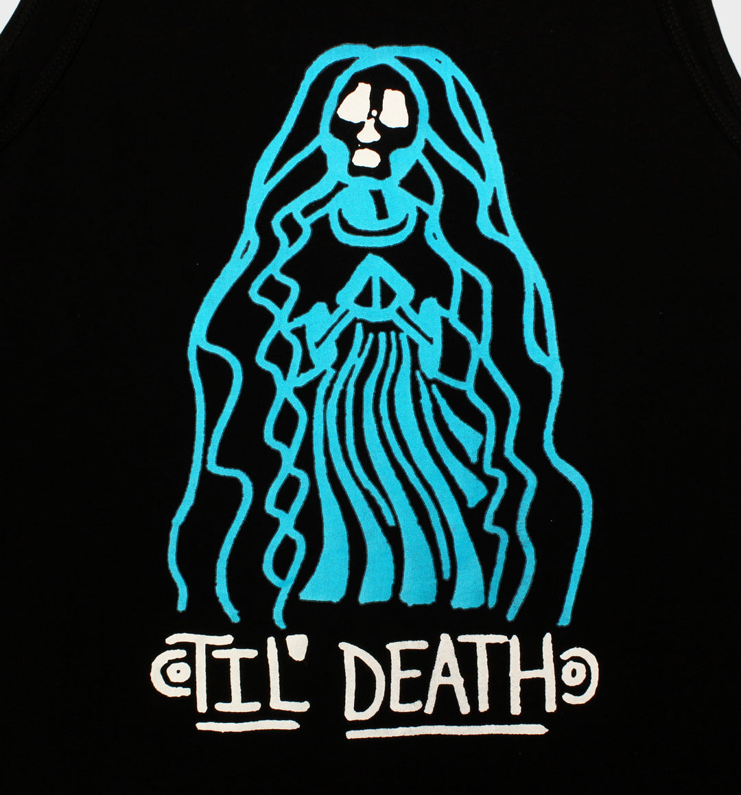 WHADAFUNK Til Death Tank Top featuring bold skull and lettering design, perfect for summer streetwear.