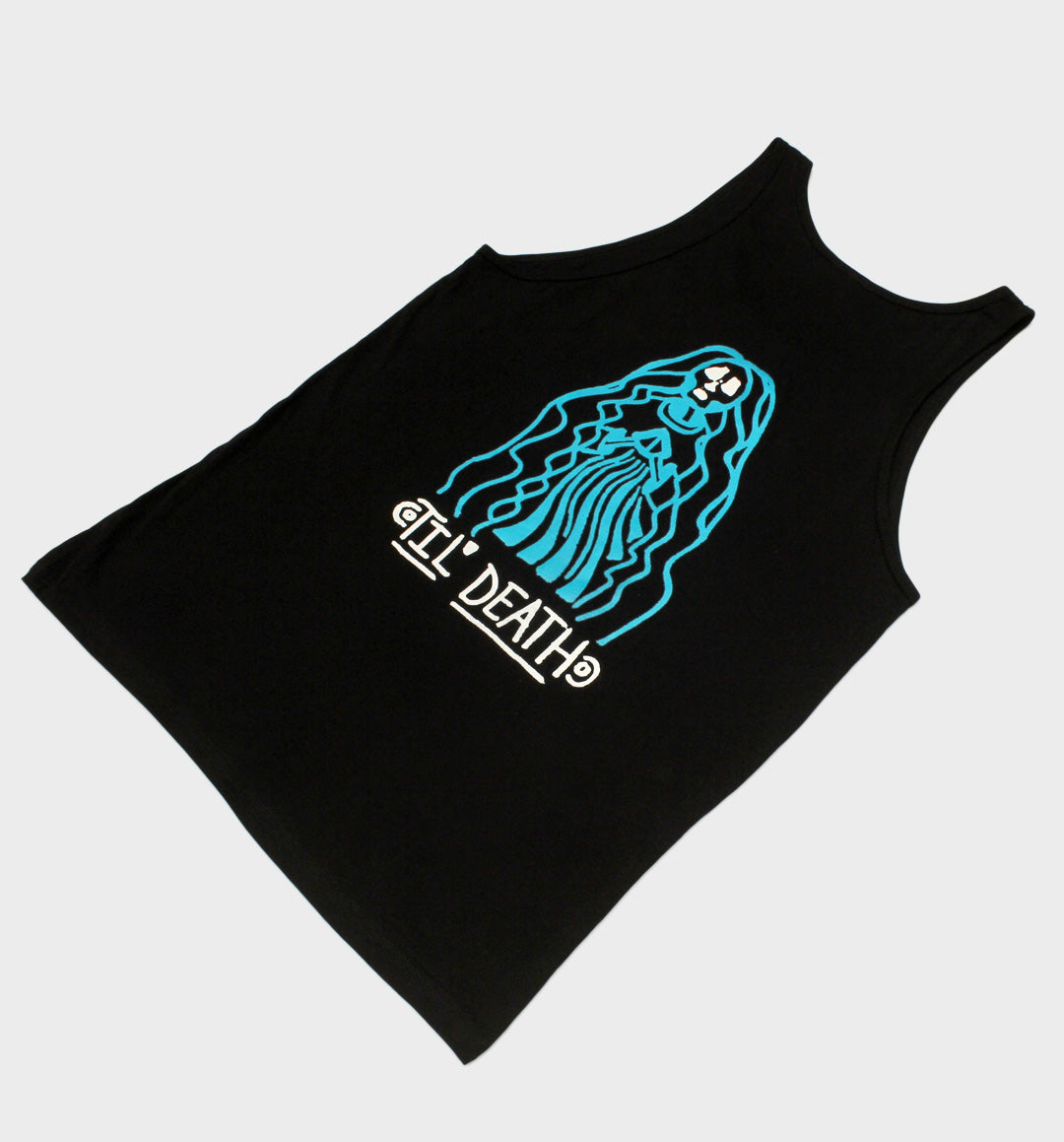 WHADAFUNK Til Death Tank Top featuring bold skull and lettering design, perfect for summer streetwear.