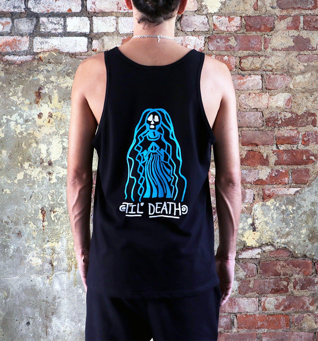 WHADAFUNK Til Death Tank Top featuring bold skull and lettering design, perfect for summer streetwear.