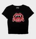 WHADAFUNK Vamp Mouth Crop Tee featuring a bold vampire lips design, perfect for edgy women's streetwear.