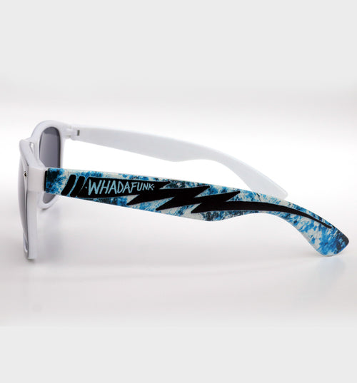 WHADAFUNK Blue Lightning Sunglasses with bold blue lightning design for streetwear enthusiasts