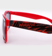 Load image into Gallery viewer, WHADAFUNK Red Lightning Sunglasses with bold lightning bolt design and red frames for streetwear style.

