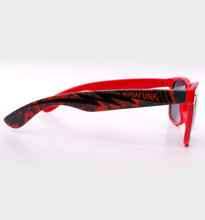 Load image into Gallery viewer, WHADAFUNK Red Lightning Sunglasses with bold lightning bolt design and red frames for streetwear style.
