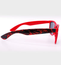 Load image into Gallery viewer, WHADAFUNK Red Lightning Sunglasses with bold lightning bolt design and red frames for streetwear style.
