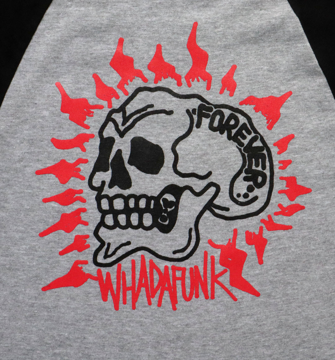 WHADAFUNK Forever Skull Two-Tone Crop Top with bold skull graphic for streetwear lovers.