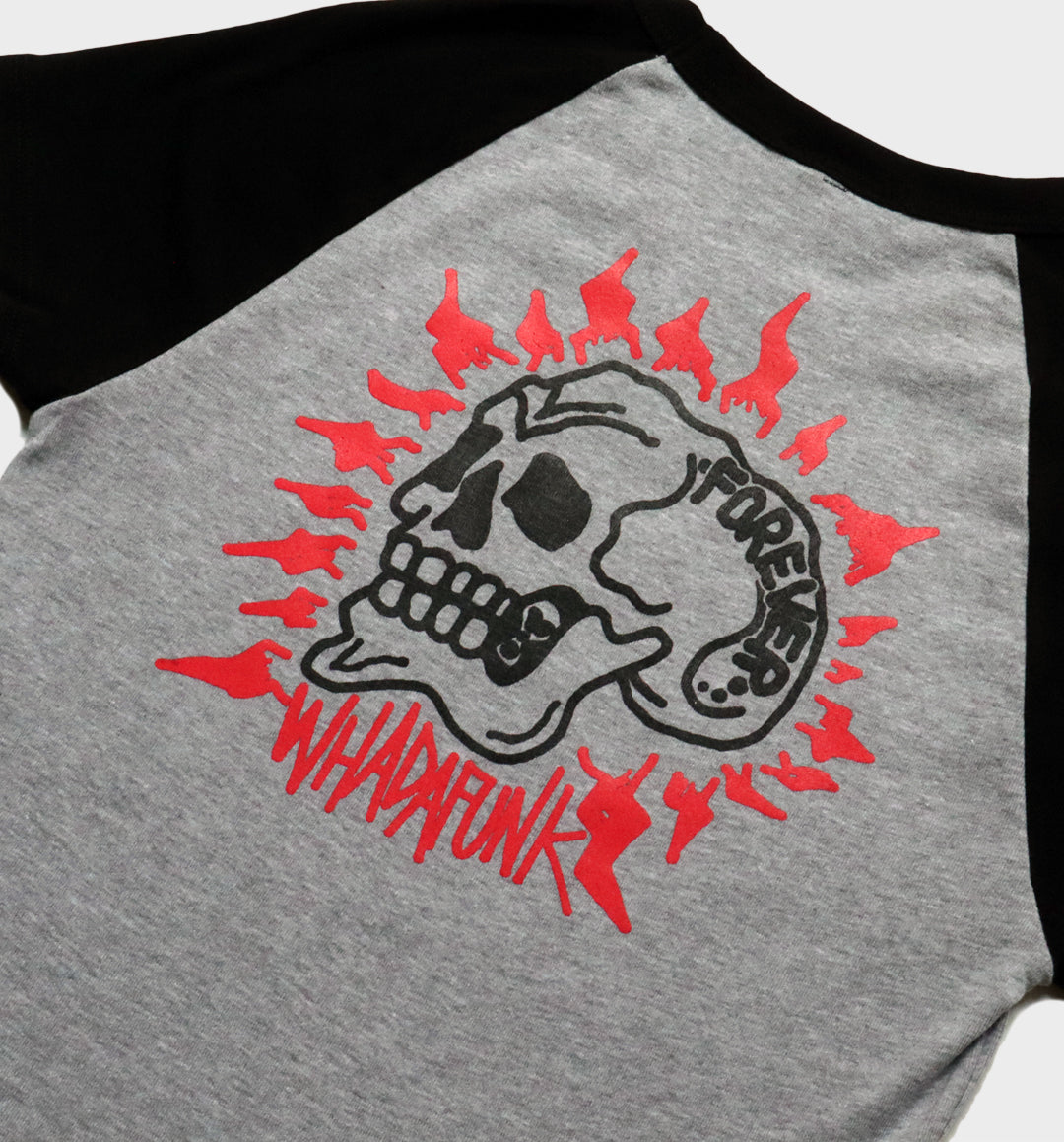WHADAFUNK Forever Skull Two-Tone Crop Top with bold skull graphic for streetwear lovers.