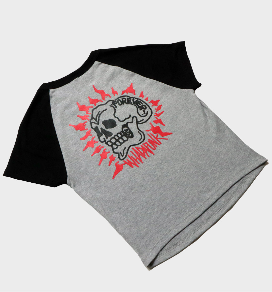 WHADAFUNK Forever Skull Two-Tone Crop Top with bold skull graphic for streetwear lovers.