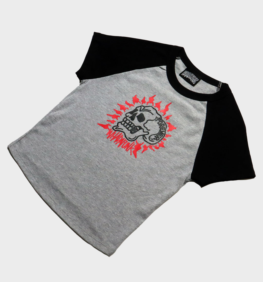 WHADAFUNK Forever Skull Two-Tone Crop Top with bold skull graphic for streetwear lovers.