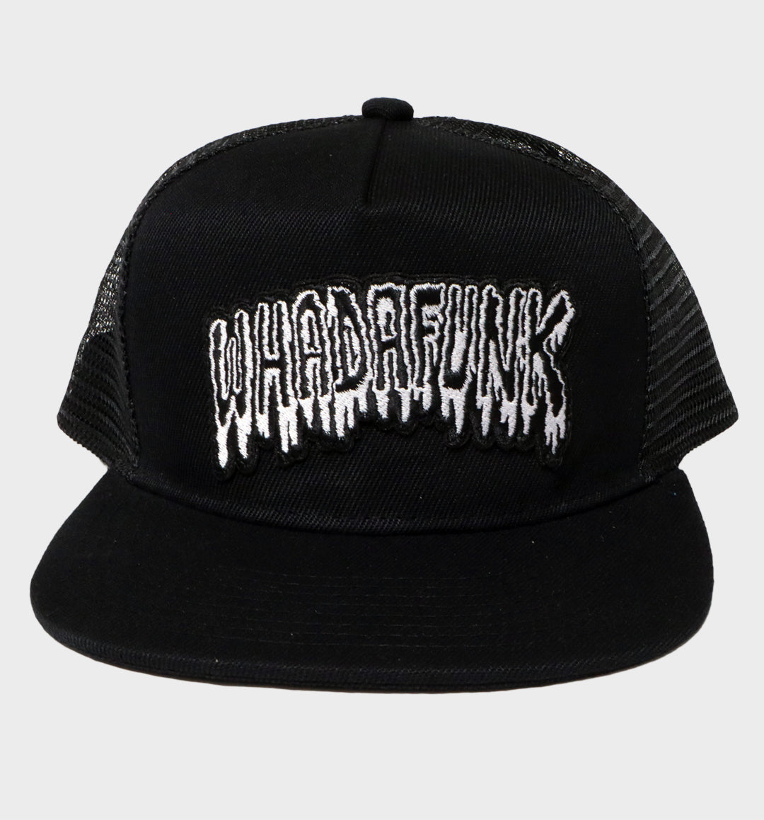 WHADAFUNK Drippy Trucker Hat featuring a bold dripping logo for streetwear lovers.
