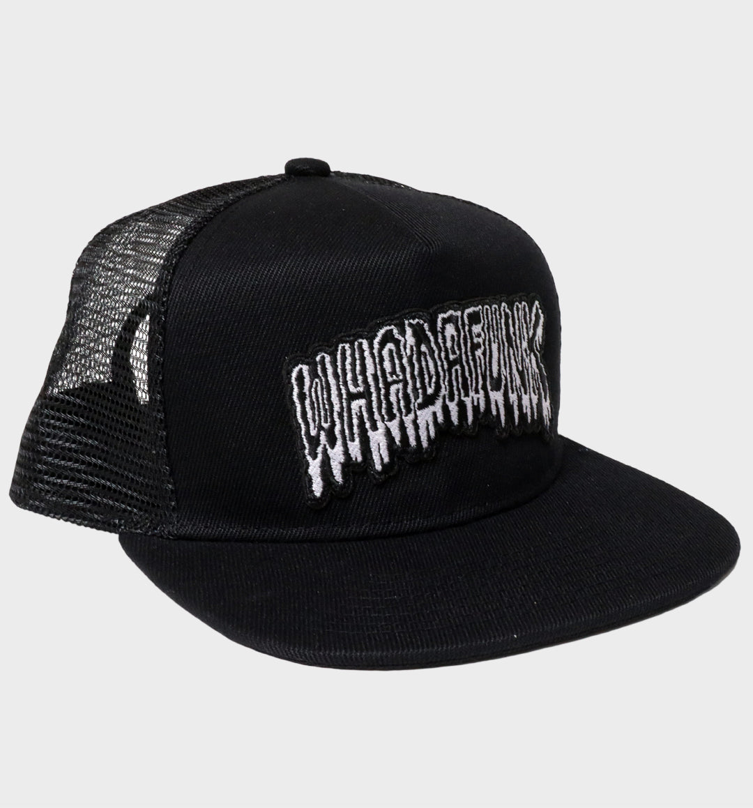 WHADAFUNK Drippy Trucker Hat featuring a bold dripping logo for streetwear lovers.