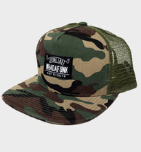Load image into Gallery viewer, WHADAFUNK Living Lost Camo Trucker Hat with bold logo and camo design for streetwear enthusiasts.

