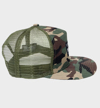Load image into Gallery viewer, WHADAFUNK Living Lost Camo Trucker Hat with bold logo and camo design for streetwear enthusiasts.

