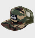 WHADAFUNK Living Lost Camo Trucker Hat with bold logo and camo design for streetwear enthusiasts.
