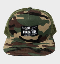 Load image into Gallery viewer, WHADAFUNK Living Lost Camo Trucker Hat with bold logo and camo design for streetwear enthusiasts.
