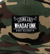 Load image into Gallery viewer, WHADAFUNK Living Lost Camo Trucker Hat with bold logo and camo design for streetwear enthusiasts.

