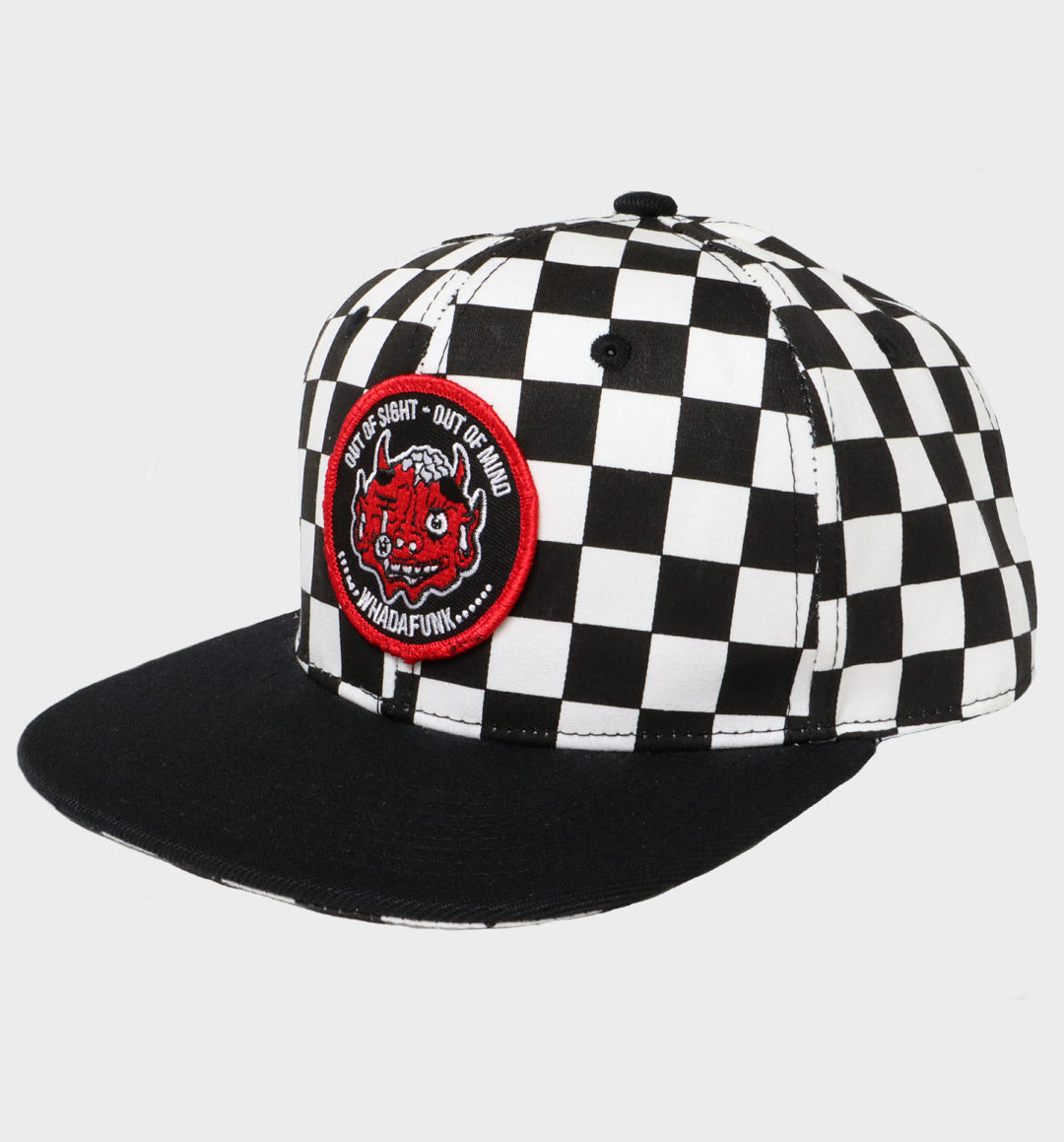 WHADAFUNK Out of Sight Checkered Snapback Hat with bold graphic design for streetwear fans.