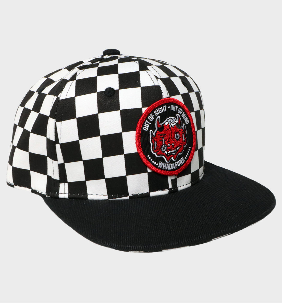 WHADAFUNK Out of Sight Checkered Snapback Hat with bold graphic design for streetwear fans.