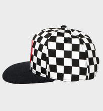 Load image into Gallery viewer, WHADAFUNK Out of Sight Checkered Snapback Hat with bold graphic design for streetwear fans.

