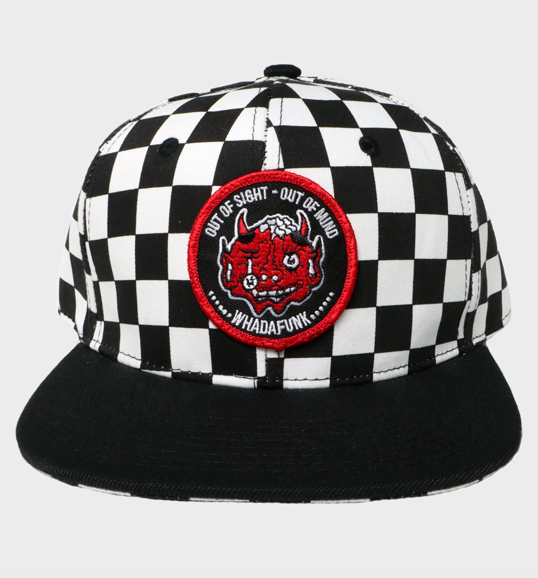 WHADAFUNK Out of Sight Checkered Snapback Hat with bold graphic design for streetwear fans.
