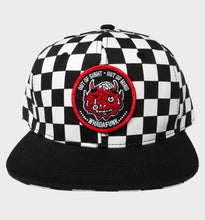 Load image into Gallery viewer, WHADAFUNK Out of Sight Checkered Snapback Hat with bold graphic design for streetwear fans.
