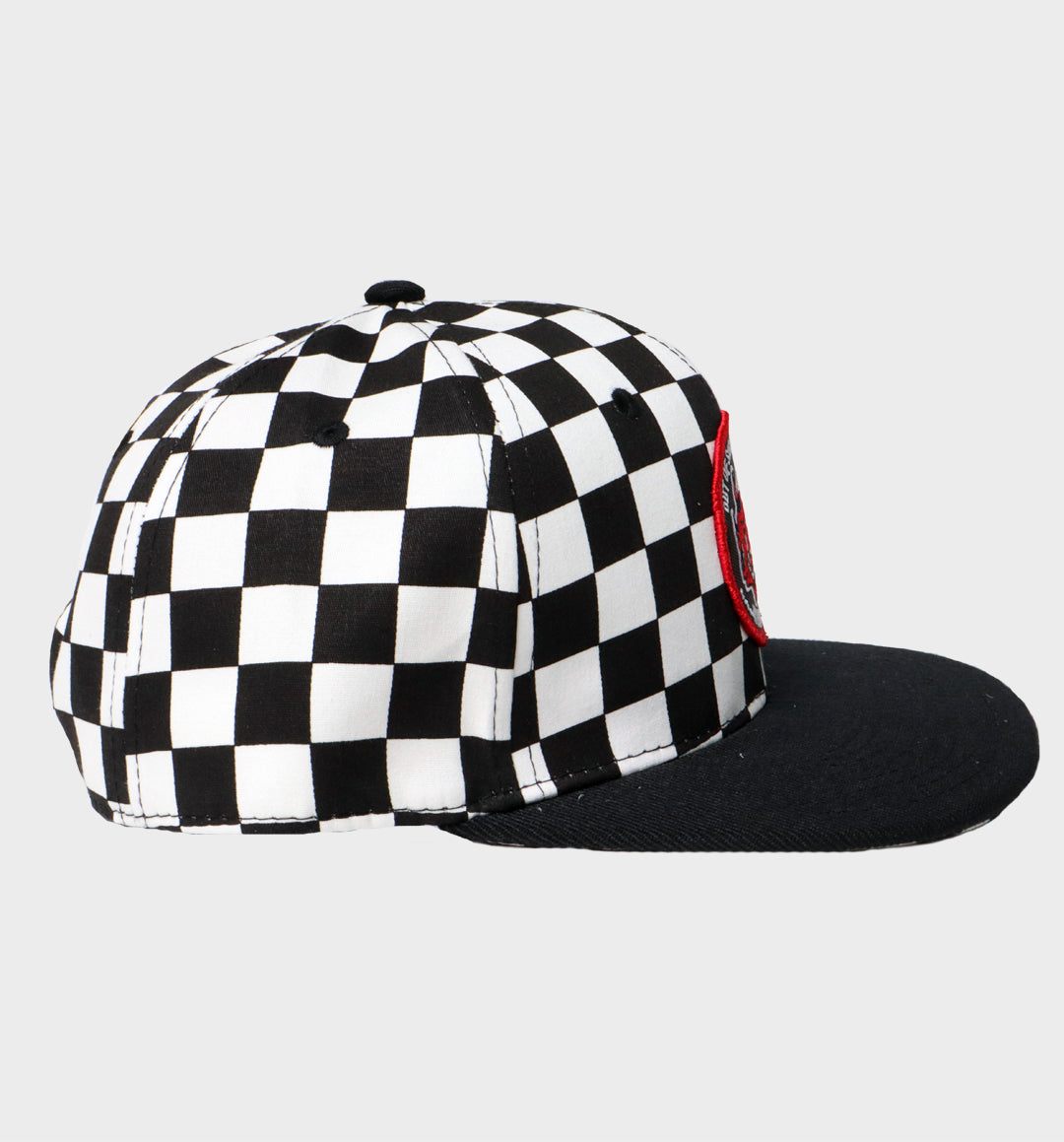 WHADAFUNK Out of Sight Checkered Snapback Hat with bold graphic design for streetwear fans.