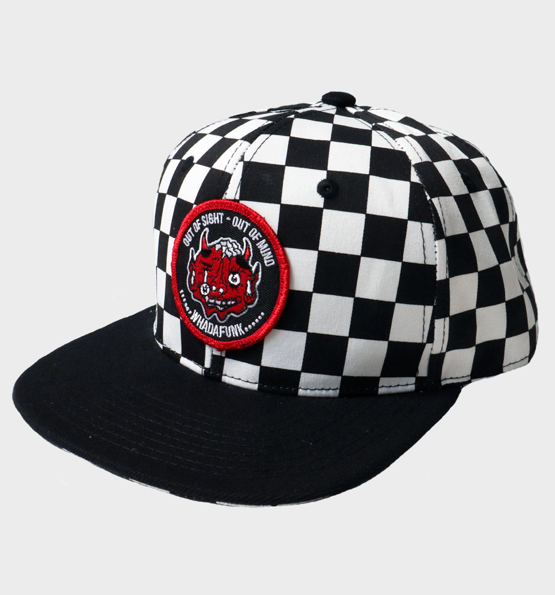 WHADAFUNK Out of Sight Checkered Snapback Hat with bold graphic design for streetwear fans.