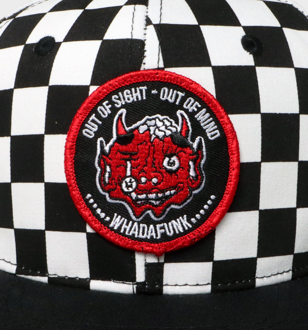 WHADAFUNK Out of Sight Checkered Snapback Hat with bold graphic design for streetwear fans.