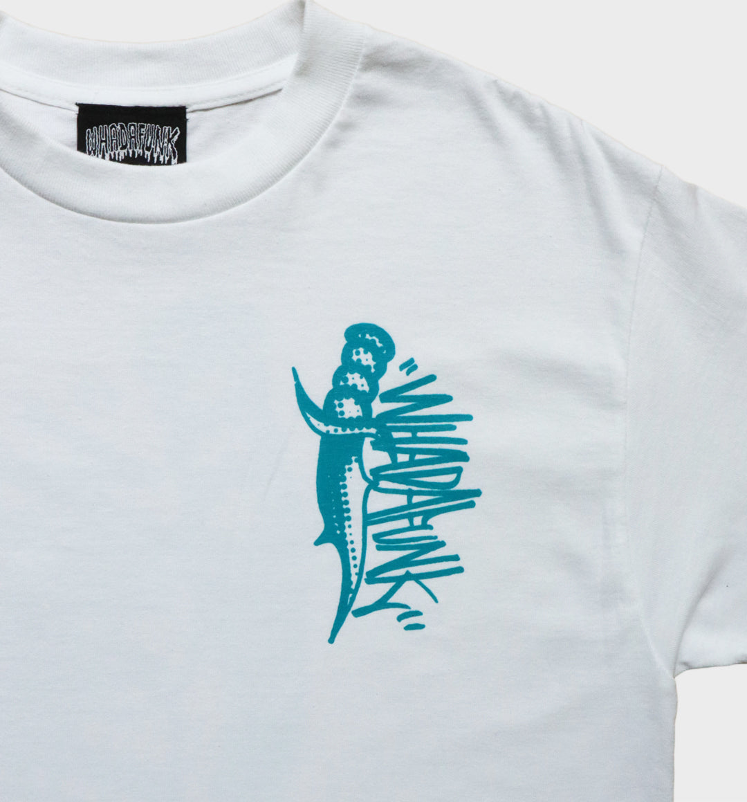 WHADAFUNK Dagger White T-Shirt featuring a bold streetwear-inspired dagger graphic design.