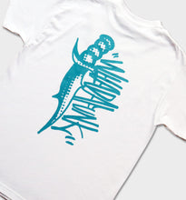 Load image into Gallery viewer, WHADAFUNK Dagger White T-Shirt featuring a bold streetwear-inspired dagger graphic design.
